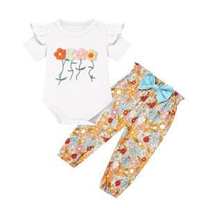 라트넛 여자 옷 바디수트 반팔 러플 롬퍼와 플로럴 팬츠 세트 유아복 0-24개월