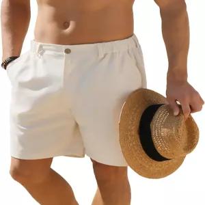 젬들 남성 반바지 캐주얼 7인치 코튼 린넨 버튼 탄력 허리 여름 해변 골프 멀티 포켓