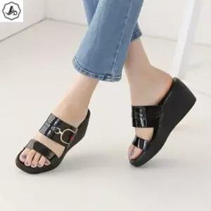 [애슬릿] 통굽 슬리퍼 배색 라인 에나멜 사무실 발편한 7cm