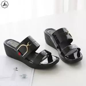 [애슬릿] 통굽 슬리퍼 에나멜 배색 라인 발편한 사무실 5cm