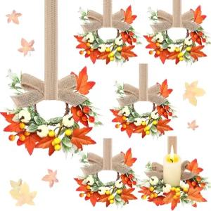 주방 캐비닛용 미니 가을 화환 6개 베리 리본 보우가 있는 호박 양초 링 문 테이블 벽 창문 장식용 작은