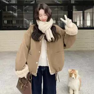 카키 빈티지 PU가죽+스웨이드 모피 코트 여자코트 양면 원템1