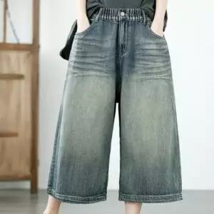 [애슬릿] 여성 와이드 청바지 밴딩 워싱 8부 통바지 여름