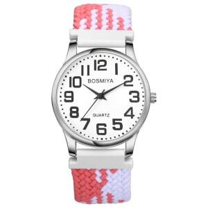 JewelryWe 브레이드 로프 엘라스틱 시계: 읽기 쉬운 빅 다이얼 아날로그 쿼츠 스트레치 시계 조절 가능한 블랙 밴드 손목 시계