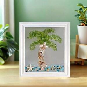 바다 유리 아트 키트, 모자이크 사진 액자 세트 9.5x7.5 인치, 핸드크래프트 스타일 DIY 공예 가정 장식용 레진 비치 사무실, 책장 / 윈도우실 (코코넛 트리)