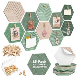 제하오 세이지 그린 15팩 12인치 대형 헥사곤 코크 게시판 타일 접착 프레임리스 코크보드 기도 비전 사무실 벽 장식용, 20 푸시 핀 20개가 있는 헥사택 핀보드 우드 클립