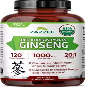 Zazzee USDA 산 파낙스 인삼 20 1 추출물 1000mg 진세노사이드 5 캡슐 120개 표준화 및 농축 20배 뿌리 100