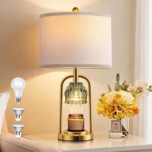 타이머 디머가 있는 QiMH 캔들 워머 램프, 향이 나는 왁스 병을 위한 모던 테이블 램프 워머, 전구 2개가 달린 유리 여성 선물, 집들이 홈 데코, 브러시드 골드 그린