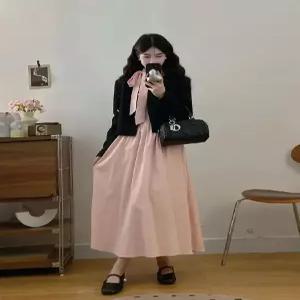 원피스 여자 라운드넥 아우터+큰 끈 빅사이즈 세트 정장세트 긴팔 원픽1