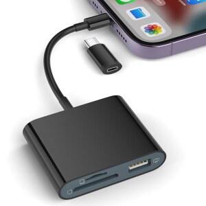 iPhone용 SD 카드 리더, USB-C to Lightning 어댑터 플러그 앤 플레이 트레일 게임 카메라 마이크로 뷰어 지원 /TF 및 iPad용 USB 앱 필요 없음(블랙)