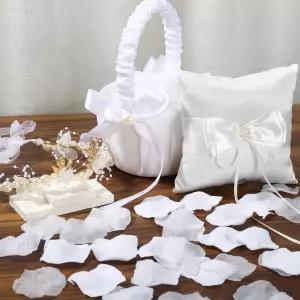 링 베어러 베개 - 플라워 걸 바구니 웨딩 및 세트 인조 흰색 보리 로즈 꽃잎 500개 요정 꽃 머리띠