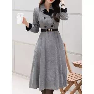 시크라인 ~XXL까지 헤링본 테일러드카라 더블버튼 배색 플레어 벨트 원피스 하객룩 미시룩 여성의류 브랜드