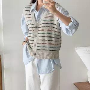 [옷자락]여자 쟈가드 무지개 패턴 단가라 브이넥 봄 니트조끼