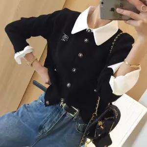 캐리 셔츠 카라 소매 배색 레이어드 세미크롭 봄 니트가디건