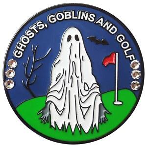 오스트리아 크리스탈과 스파이더 마그네틱 모자 클립이 있는 고스트, 고블린 & 골프 할로윈 고스트 볼 마커, 33mm 블랙 니켈, 핸드 페인팅