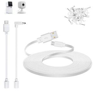 WYZE 캠 팬 v3, v4, 블링크 미니 2 카메라, USB C 어댑터가 있는 롱 플랫 마이크로 전원 코드와 호환되는 50피트 확장 케이블, 흰색