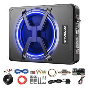 컬러풀한 LED 조명, 고/저레벨 입력, 내장 앰프, 궁극의 사운드 성능을 위한 자동차/트럭 오디오 시스템을 갖춘 800W 슬림 언더시트 전동 자동차 서브우퍼 키트 u2013 및 앰프 패키지