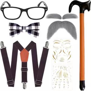 WGOCAUK 학교 100일 노인 의상 - 안경 멜빵 나비 넥타이 지팡이 눈썹 콧수염 배지 타투 스티커