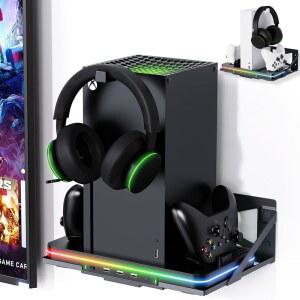 Xbox Series X/S용 냉각 충전 스탠드가 있는 월 마운트, Luckit 버티컬 듀얼 컨트롤러 충전기 스테이션, 팬이 호환 X/S 콘솔 액세서리, USB 포트 3개 및 헤드셋 스탠드 2개