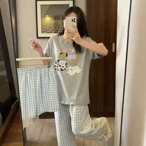 띠엔다 면 하계 봄 커플 잠옷세트 실내복 귀여운 캐릭터 강아지 잠옷 세트 라운드 반팔 체크 3종 ADOR2