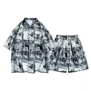 반팔세트 남성 트레이닝 운동복 빈티지 그래피티 프린트 반팔 셔츠 세트 여름 캐주얼 주니어 투피스 admr2