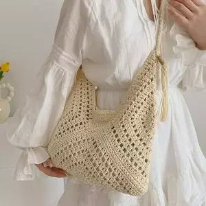 테슬 숄더 니트 그물 왕골 라탄 가방 여름 미니 가죽