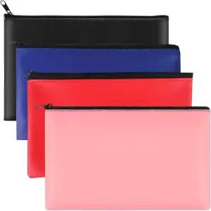 지퍼가 달린 4피스 머니백 11x6.1인치 캐시백 PU 가죽 파우치 은행 봉투 지폐 수표 송장 현금 및 동전 블랙