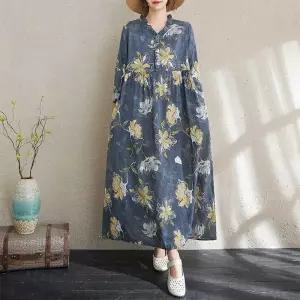 원피스 봄 캐주얼 빈티지 여자원피스 이른 빅사이즈 플라워 긴팔 면마 프린트 원템1