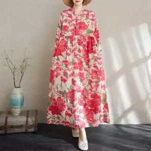 원피스 빈티지 캐주얼 봄 프린트 이른 빅사이즈 긴팔 면마 플라워 여자원피스 원템1