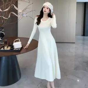 원피스 치마 니트 여자 블랙 이너 프렌치 라운드 긴팔 허리조임 슬림 원픽1