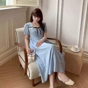 EAMT 하계 롱스커트 스퀘어넥 여성원피스 레이스 플라워 슬림 퍼프소매 리본원피스 빅사이즈 YJ5