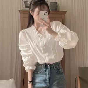 패브릭픽 여사친 가을 퍼프 부드러운 솔리드 루즈핏롱 브이넥 셔츠 스트랩 HO3