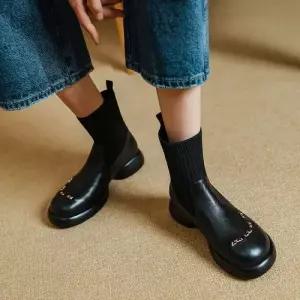 여성용 니트 컴포트 부츠 양가죽 통굽 양말 라운드 스판 웨지힐 플랩 CH5