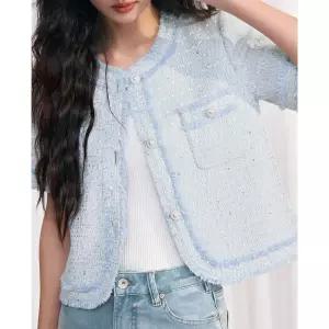 여사친 여름 빈티지 블루 코트 트위드 샤오샹 기모 프렌치 핸드메이드 반팔 KS2