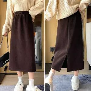 여자 가을 겨울 주말 캐주얼 룩 밴딩 기모 롱 스커트 Ofo7+5EGw