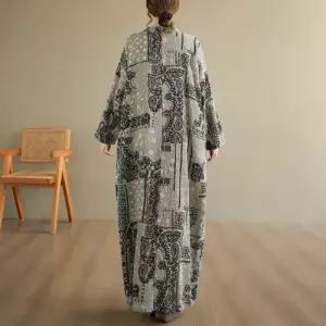 무천도사 여성용 여사친 원피스 가을 빈티지 빅사이즈 바캉스 가운 프린트 긴팔 슬림핏 면마 플라워 KKE3