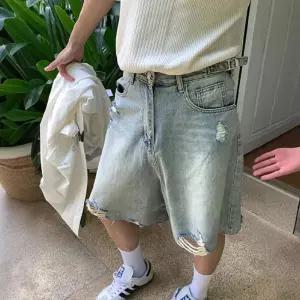 남성용 청반바지 빈티지 워싱 구제 찢청 반바지 여름 캐주얼 와이드 5부 팬츠 C01Z22 CH2