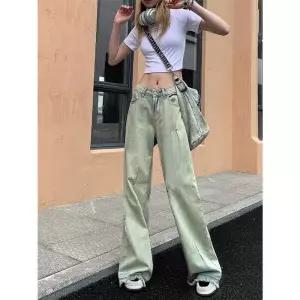 EAMT 팬츠 여성용 빈티지 여름 일자 청바지 하게 로우 데님팬츠 슬림 웨이스트 와이드 EUNG2