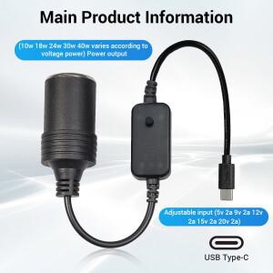 호환 자동차 시가 라이터 소켓 USB-c 5 to12V 변환기 어댑터용 유선 컨트롤러 플러그 진공 청소기