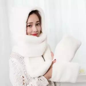 여자장갑 겸 목도리 보송보송 밍크 소재 후드 머플러 블랙