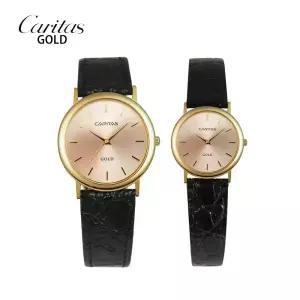 카리타스 18K 골드 커플 선물 명품 예물 고급 가죽 원형 손목 금 시계 / C16000R