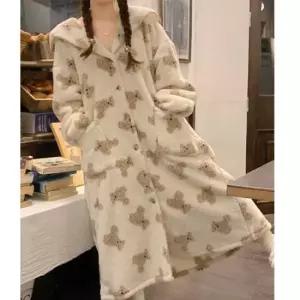 커플잠옷 따뜻한 여성 곰돌이 극세사 홈웨어 원피스 잠옷 가운