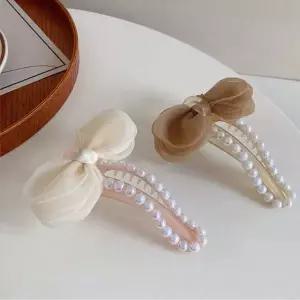 시스루 햅번 진주 리본 헤어 올림머리 집게 핀