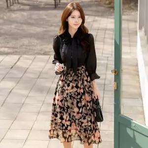 XXL까지) 에이엘 플라워 배색 타이넥 원피스 하객룩 오피스룩 모임룩 격식룩 빅사이즈