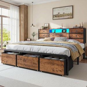 9개의 서랍 수납 공간이 있는 홈덤 킹 사이즈 침대 프레임, LED 조명 및 충전소, 헤드보드 메탈 플랫폼