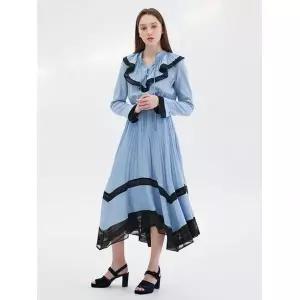 에고이스트 55사이즈특가 배색 플리츠 디테일 롱 원피스 블루 EP1WO764 721331