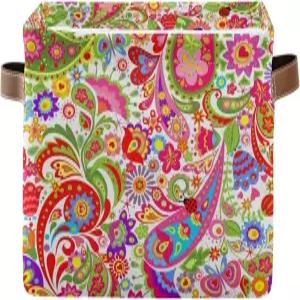 AUUXVA 보관 바구니 컬러풀 페이즐리 플라워 플로럴 큐브 박스 내구성 캔버스 접이식 장난감 정리함 선반