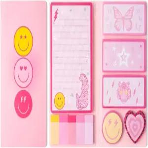 L1rabe 프레피 스티커 메모 세트 백 투 스쿨 550매 Y2K 스마일 페이스 셀프 스틱 패드 핑크 분할 탭 번들