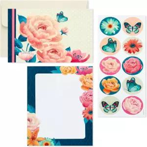 책상 정리함이 있는 홀마크 문구 세트 플로럴 봉투가 빈 카드 10장 필기 시트 메모장 봉인