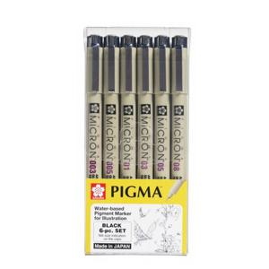사쿠라 피그마 마이크론 블랙 6본 세트 피그먼트펜 일러스트 제도 드로잉 펜